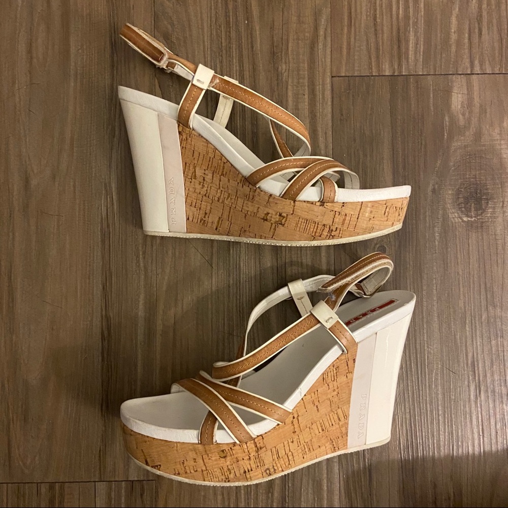 Prada Cork Wedge Strap Heels